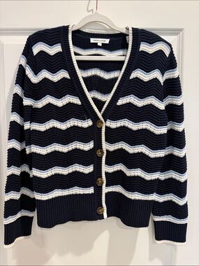 Veronica Beard Navy, White & Light Blue Chevron Knit Cardigan